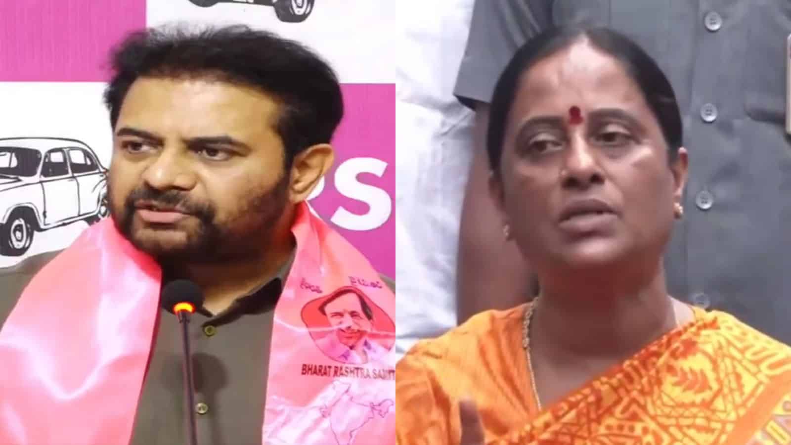 Konda Surekha and a man at a press conference with pink backdrop and orange sari, addressing media.